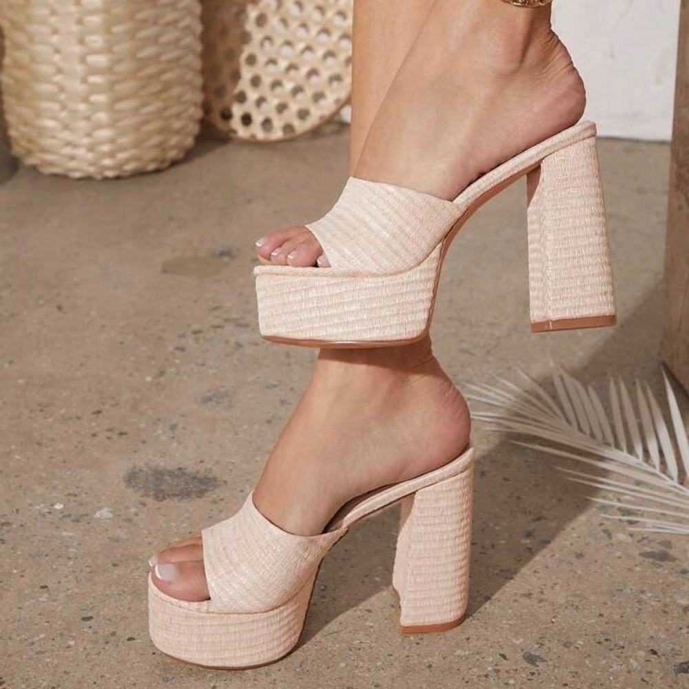 Beige Platform Block Heel Slide Sandals - Women
